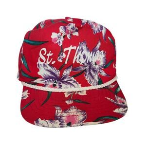 Vintage San Sun Floral Hawaiian Snapback Hat Red Tropical Floral Trucker